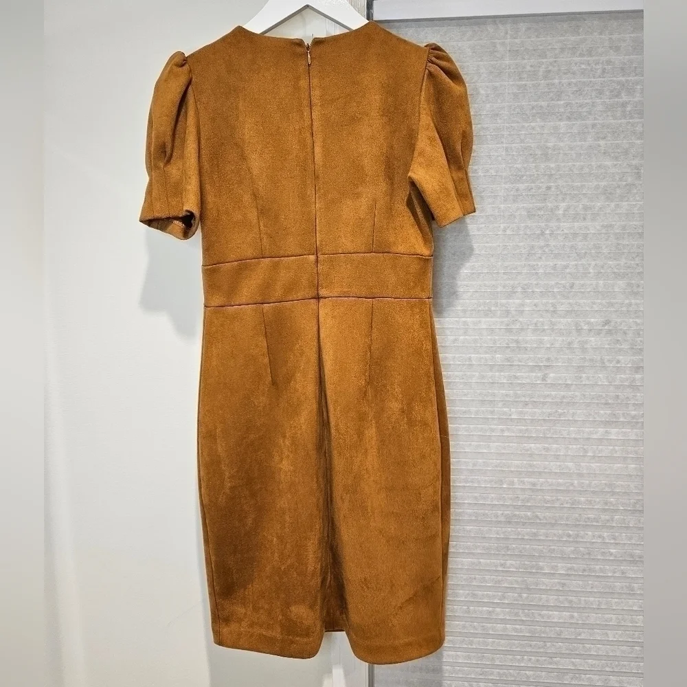 DKNY V-Neck Puff Sleeve Faux Suede Sheath Dress in pecan size 4